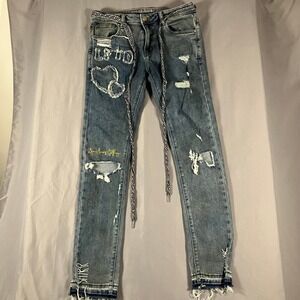 Lifted‎ Anchors Mens 32 Distressed Jeans Customized Tribal Belt LFOD Blue Denim